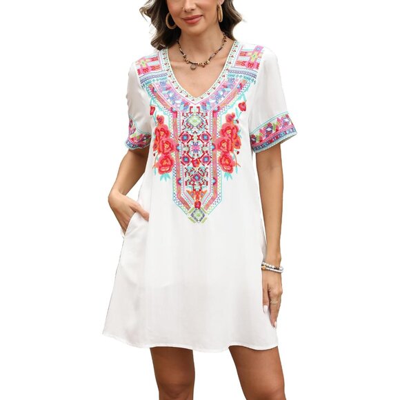 Mexican Boho Dress Women Cotton Short Sleeve Pockets Fiesta Summer Plus Size - Picture 1 of 5